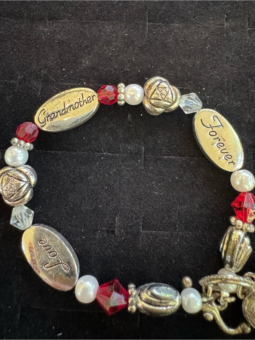 Grandmother Love Forever Bracelet Red Beads Faux Pearl Heart Charm Grandma Gift